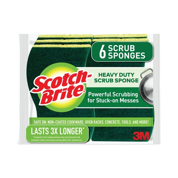Scotch-Brite Heavy-Duty Scrub Sponge, 4 1/2 x 2 7/10 x 3/5, Green/Yellow, PK6 426